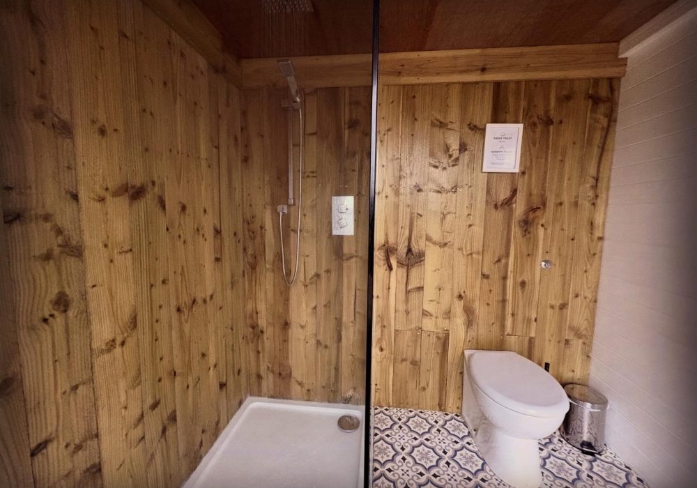 Nessa Geodome Walk in shower at Ekopod Glamping site